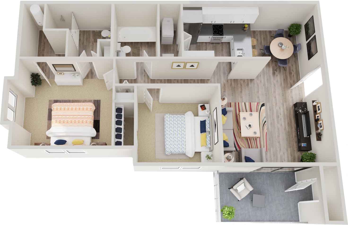 Floor plan for 2 beds, 2 baths, 956 sqft